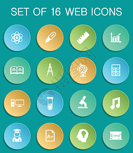 彩色圆形按钮上的大学 web 图标学生笔记学习图书馆学院语言学知识统治者考试学士图片