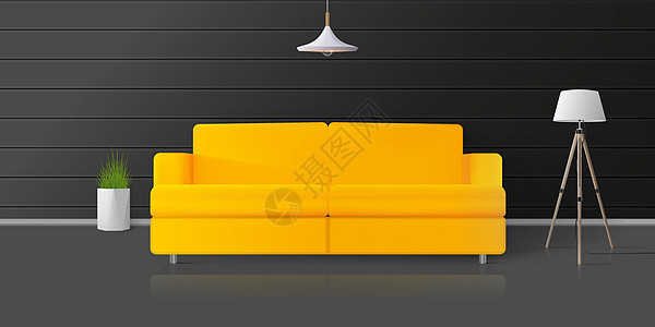 黑暗房间的黄色沙发 室内植物 地板灯 现实化的矢量时尚阁楼图片