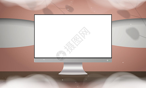 带白色屏幕的显示器站在木制桌子上 粉红色的房间有时髦的设计 准备做广告的标语 矢量插图 现实风格图片