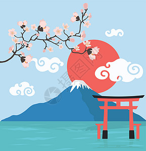 粉粉花枝和富士山 有托里门背景图片