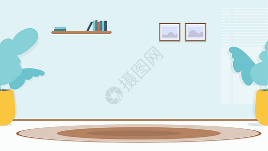 一个卡通风格的房间 中心位置可以采取行动 家庭植物 绘画 架子 书本 地毯 矢量图片