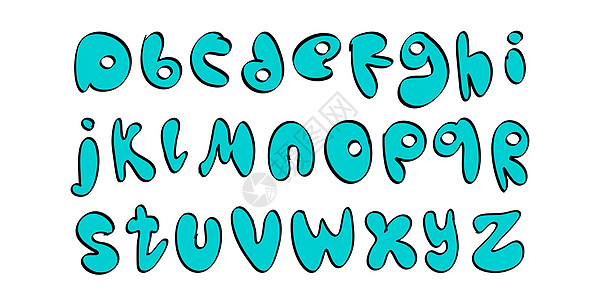 蓝色涂鸦风格的手绘字体 带有圆形吹制字母的字母表 适用于明信片 海报 菜单设计或儿童读物 矢量图图片