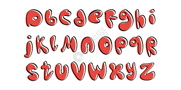 涂鸦风格的红色手写字体 带有圆形吹制字母的字母表 适用于明信片 海报 菜单设计或儿童读物 矢量图图片