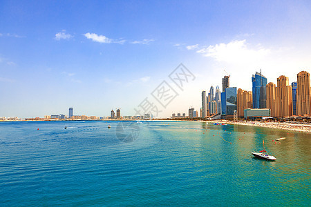 迪拜Jumeirah海滩居民点海滩全景摩天大楼奢华旅行建筑天空民众景观天际蓝色建筑学图片