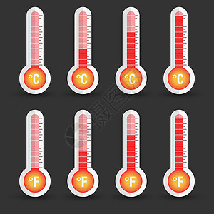 具有不同级别的摄氏和华氏温度计图标 在黑色背景上孤立的平面矢量图烧瓶生长天气资金摄氏度插图测量机构活动筹款图片