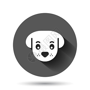 以平板样式显示狗头图标 在黑色圆底背景上用可爱的宠物矢量插图 并产生长阴影效应 动物圈按钮业务概念表情食物爪子白色友谊草图微笑符图片