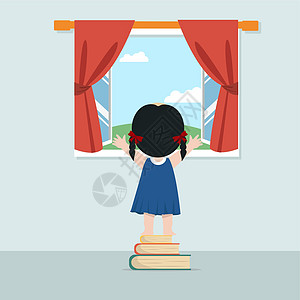 可爱的女孩站着 拿着书张开窗图片