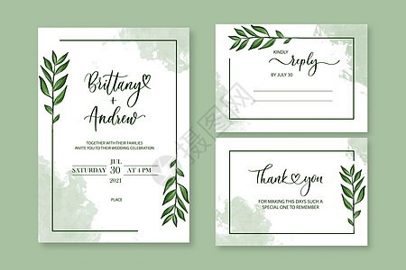 婚礼矢量花卉邀请邀请谢谢你回复水彩设计设置绿叶优雅的绿色植物图片