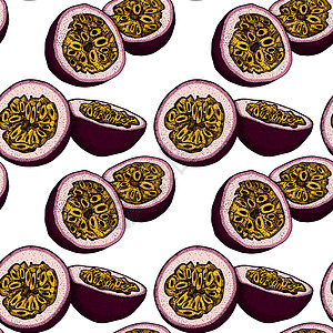 矢量手绘百香果无缝图案 美味的热带素食对象 用于餐厅 菜单 冰沙碗 市场 商店 派对装饰 餐点异国标签紫色食物叶子水果植物学热情图片