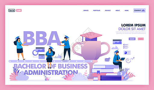 BBA或工商管理学士是商业和经济学的大学课程 人们学习获得工商管理硕士学位或MBA学位 平面插画矢量设计图片