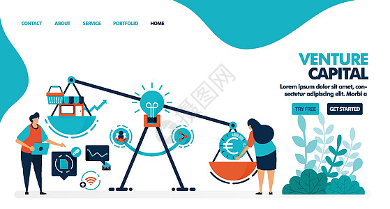 创业和公司的风险投资 寻找资金和投资者来创业 登陆页面 网页 网站 横幅 移动应用程序 传单 海报的平面矢量插图战略众筹营销利润图片