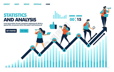 查看有关公司绩效的年度统计数据 分析企业的规划策略和想法 业务报表报告中的折线图 网站 移动应用程序 海报的人物插图图片