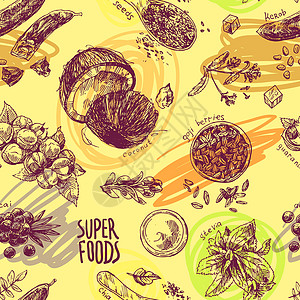 手工绘制的矢量插图超食品食物水果植物种子义者营养草图浆果饮食蔬菜图片