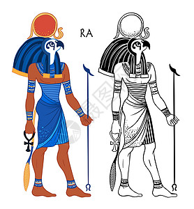埃及太阳神 Ra 的肖像 古埃及最重要的神 也被称为 AmunRa 和 矢量隔离插图 有鹰头和太阳圆盘的人文化上帝绘画神话旅行宗图片