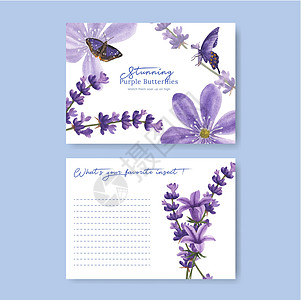 带有紫和蓝蝴蝶概念的花牌模板 水彩色风格水彩翅膀植物叶子昆虫花园卡片营销装饰品问候语图片