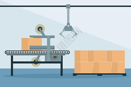 全自动工业装箱封箱生产线工具盒子机器人植物起重机腰带生产工厂贮存工程背景图片