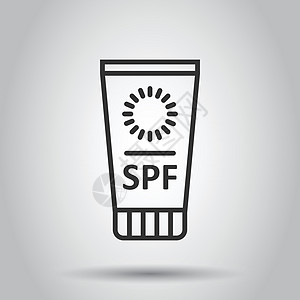 平面样式的防晒图标 白色隔离背景上的防晒霜矢量插图  SPF 护理经营理念阳光奶油包装海滩化妆品洗剂旅行卫生管子棕褐色背景图片