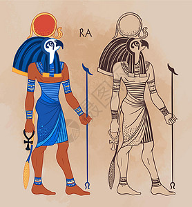 埃及太阳神 Ra 的肖像 古埃及最重要的神 也被称为 AmunRa 和 矢量隔离插图 有鹰头和太阳圆盘的人艺术力量精神历史性旅游图片