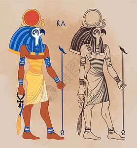 埃及太阳神 Ra 的肖像 古埃及最重要的神 也被称为 AmunRa 和 矢量隔离插图 有鹰头和太阳圆盘的人文化上帝旅行法老精神绘图片