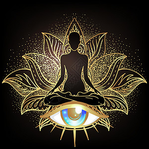 脉轮概念 内在的爱 光与和平 在莲花位置的佛剪影在华丽坛场 在孤立的黄金矢量图 佛教深奥的图案灵气平衡药品艺术头脑瑜伽女士冥想男图片