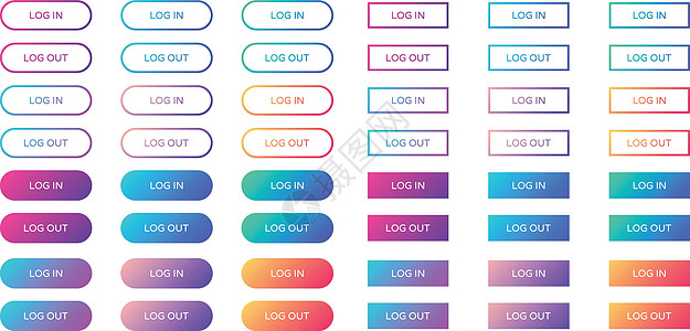 登录注销 web 按钮集 在平面样式中概述和填充 ui web 按钮 用于 web 和 ui 设计的时尚渐变上的圆形和矩形矢量按图片