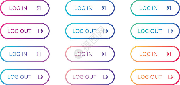 登录注销 web 按钮集 在平面样式中概述 ui web 按钮 带有用于 web 和 ui 设计的图标的时尚渐变上的圆形矢量按钮图片