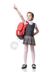穿着制服的可爱 笑笑着女学生 站在白色背景上 举起手来图片