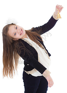 有钟的女孩红色辫子黑色钟声学校白衬衫外貌传统裙子金发图片