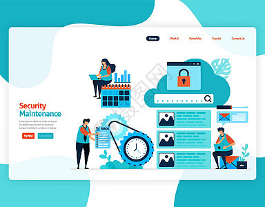 主页着陆页矢量平面插图的安全维护 云存储技术的维修和维护 数字备份数据库中的安全系统 网络 传单 网站 移动应用程序技术员引擎技图片