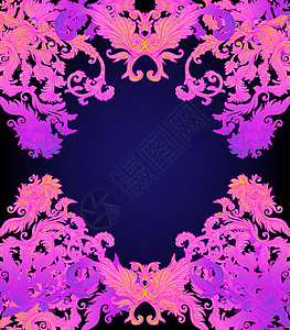 复古巴洛克式花卉图案框架 明亮的霓虹色  80 年代风格 华丽的矢量装饰 和维多利亚时代的概念 复古设计墙纸边界卷曲叶子绘画插图图片