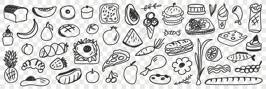 新鲜成份和食物 涂面食品草图香肠香蕉蔬菜菠萝水果孩子糖果涂鸦艺术图片