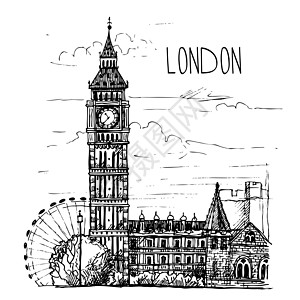 伦敦的Bigben 一张古明信片上的景观 素描 雕刻旅游首都插图纪念碑游客历史王国观光假期房屋图片