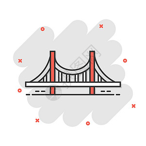 漫画风格的桥梁标志图标 白色孤立背景上的吊桥矢量卡通插图 道路业务概念飞溅效果渡槽平台木头光束建筑障碍跨度街道卡通片铁路图片