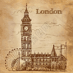 伦敦的Bigben 一张古明信片上的景观 素描 雕刻建筑学游客假期建筑首都插图王国旅游旅行时间图片