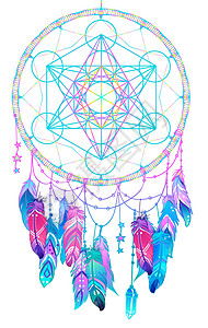 美洲印第安神器梦想捕捉者与 生命之花 羽毛 月亮 在白色上孤立的矢量河马插图潮人生活风格精神脉轮四面体上帝坡度海报冥想图片