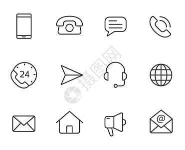 联系我们孤立在白色背景上的轮廓矢量图标集 商务沟通理念 联系我们用于 web 和 ui 设计的线图标图片