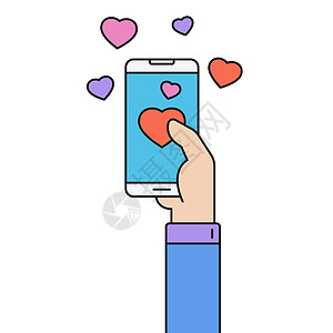 人类手持像心脏颜色插图一样的智能手机 在白色背景中孤立 彩色平板矢量说明为网络和ui商业设计提供黑色中风显示 情人节概念图片