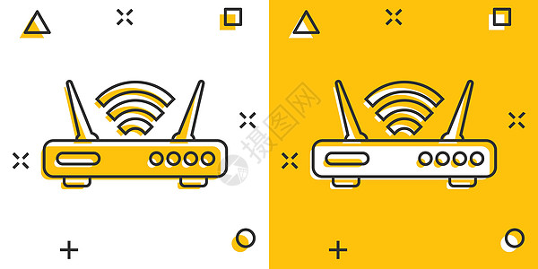 漫画风格的 Wifi 路由器图标 白色孤立背景上的宽带卡通矢量插图 互联网连接飞溅效应商业概念黄色技术电子无线信号网络数据卡通片图片