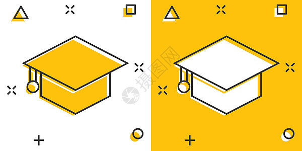 漫画风格的毕业帽图标 白色孤立背景上的学生帽卡通矢量插图 大学飞溅效果的经营理念研究生教授知识流苏仪式学习木板裙子庆典教育图片