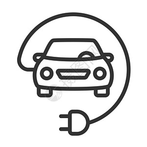 电动生态车与电线插头轮廓矢量图标隔离在白色背景 用于 web 移动和用户界面设计的电动汽车平面图标 电动生态交通概念电动车绳索活图片
