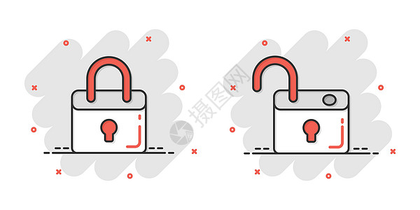 漫画风格的储物柜图标 白色孤立背景上的挂锁密码卡通矢量插图 钥匙解锁飞溅效果的经营理念锁孔秘密网络安全开锁互联网卡通片隐私商业代图片
