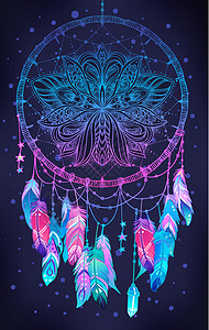 手绘有羽毛和月亮的美洲印第安人护身符捕梦网 在白色上孤立的矢量时髦插图 民族符号坡度蓝色捕手打印魔法草图潮人纺织品海报装饰品图片