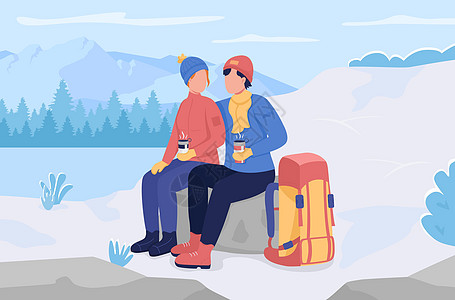冬季露营休息平板彩色矢量插图图片