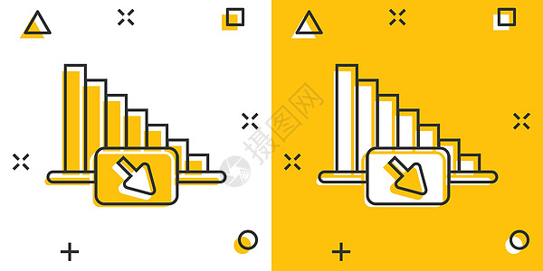 漫画风格的市场趋势图标 带有放大镜卡通矢量插图的下降箭头在白色孤立背景上 减少飞溅效果的经营理念研究报告统计图表库存数据商业玻璃图片