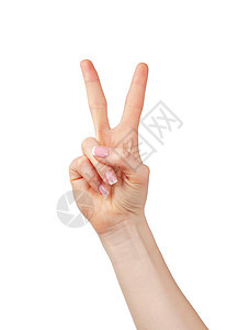 女性手举着两只手指 在白色上被孤立拇指棕榈手腕胜利展示手臂商业手势成就数字图片