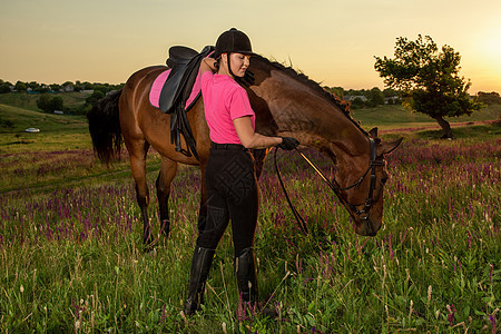 美丽的微笑女孩骑师站在她棕色的马旁边 在天空和绿色田野背景上穿着特殊制服在日落女骑士骑士头盔抑制情感动物竞赛运动女性时尚图片