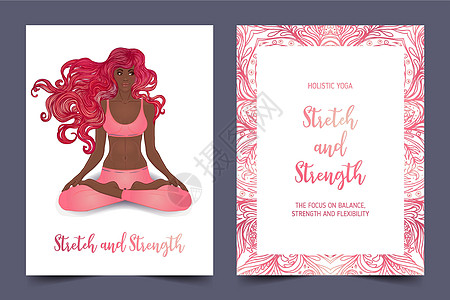 瑜伽卡设计 莲花姿势的非裔美国妇女 精神静修或瑜伽工作室的多彩设计模板 观赏名片 矢量图绘画女孩插图活力海报传单身体女士运动女性图片