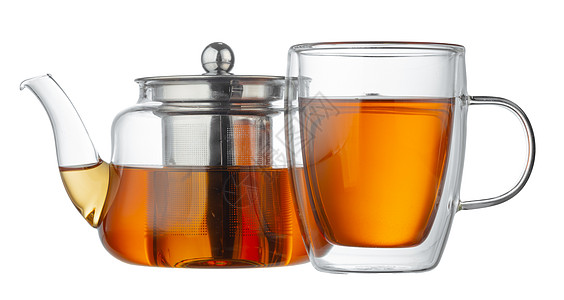 玻璃茶壶和杯子 用白色孤立的茶叶饮料茶点黑色草本棕色图片