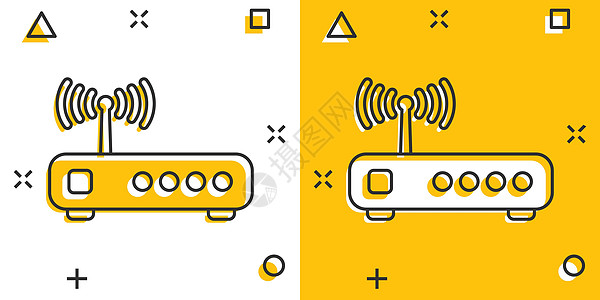 漫画风格的 Wifi 路由器图标 白色孤立背景上的宽带卡通矢量插图 互联网连接飞溅效应商业概念卡通片信号技术黄色电脑网关无线网络图片