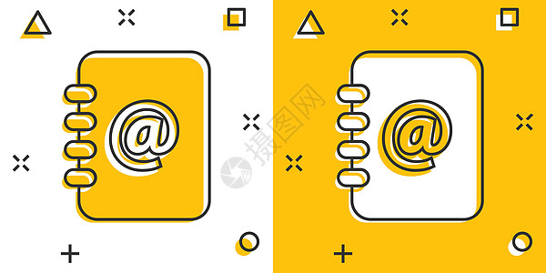漫画风格的矢量卡通地址簿图标 电子邮件注释符号插图象形文字 笔记本业务飞溅效果概念黄色商业电话网络办公室笔记邮件日记数据白色图片
